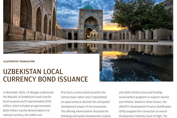 JP Morgan Development Finance Institution reflected Uzbekistan’s local currency Eurobond transaction in its 2020 annual report