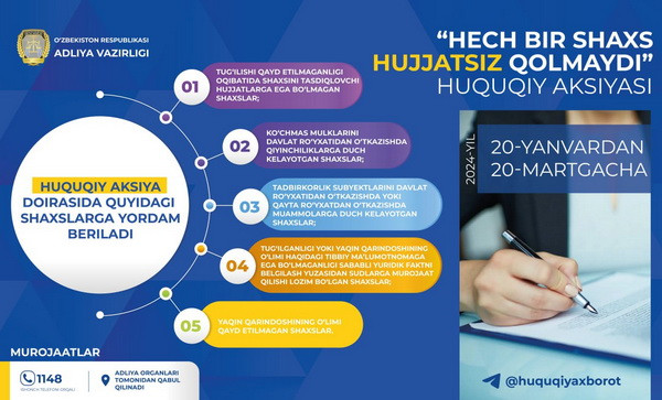 The legal campaign “Not a single person will be left without documents” starts in Uzbekistan.