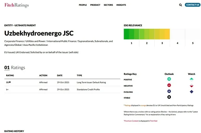 “O‘zbekgidroenergo” – barqaror energiya vaxalqaro ishonch ramzi: Fitch Ratings kompaniyareytingini “BB” barqaror darajasida tasdiqladi