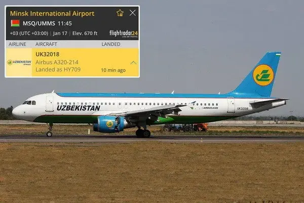 A plane of Uzbekistan Airways skids off the runway at Minsk National Airport