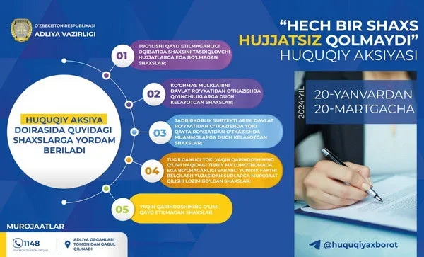 В Узбекистане стартовала правовая акция «Ни одно лицо не останется без документов»