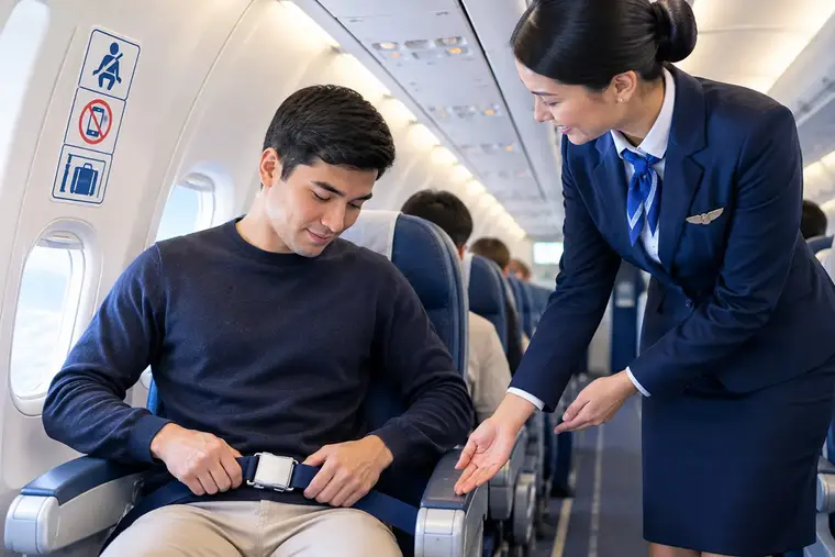 Aircraft cabin: a passenger fastening their seatbelt