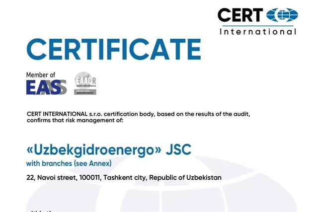 “O‘zbekgidroenergo” AJ boshqaruv amaliyotida ilk bor ISO 31000:2018 risk boshqaruvi standartlarini joriy etdi
